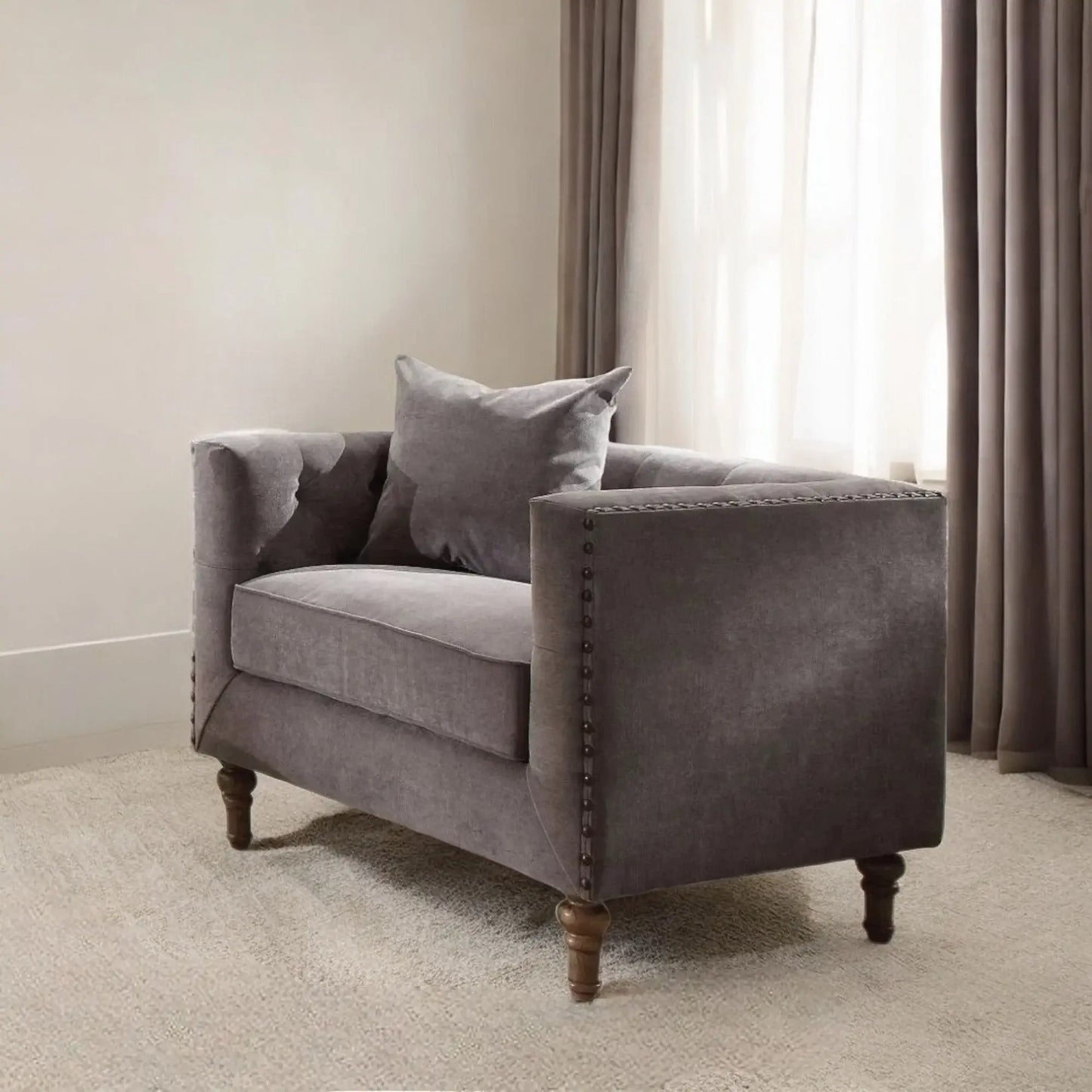 41" Gray And Brown Velvet Tufted Arm Chair And Toss Pillow - Homeroots - Flyclothing LLC