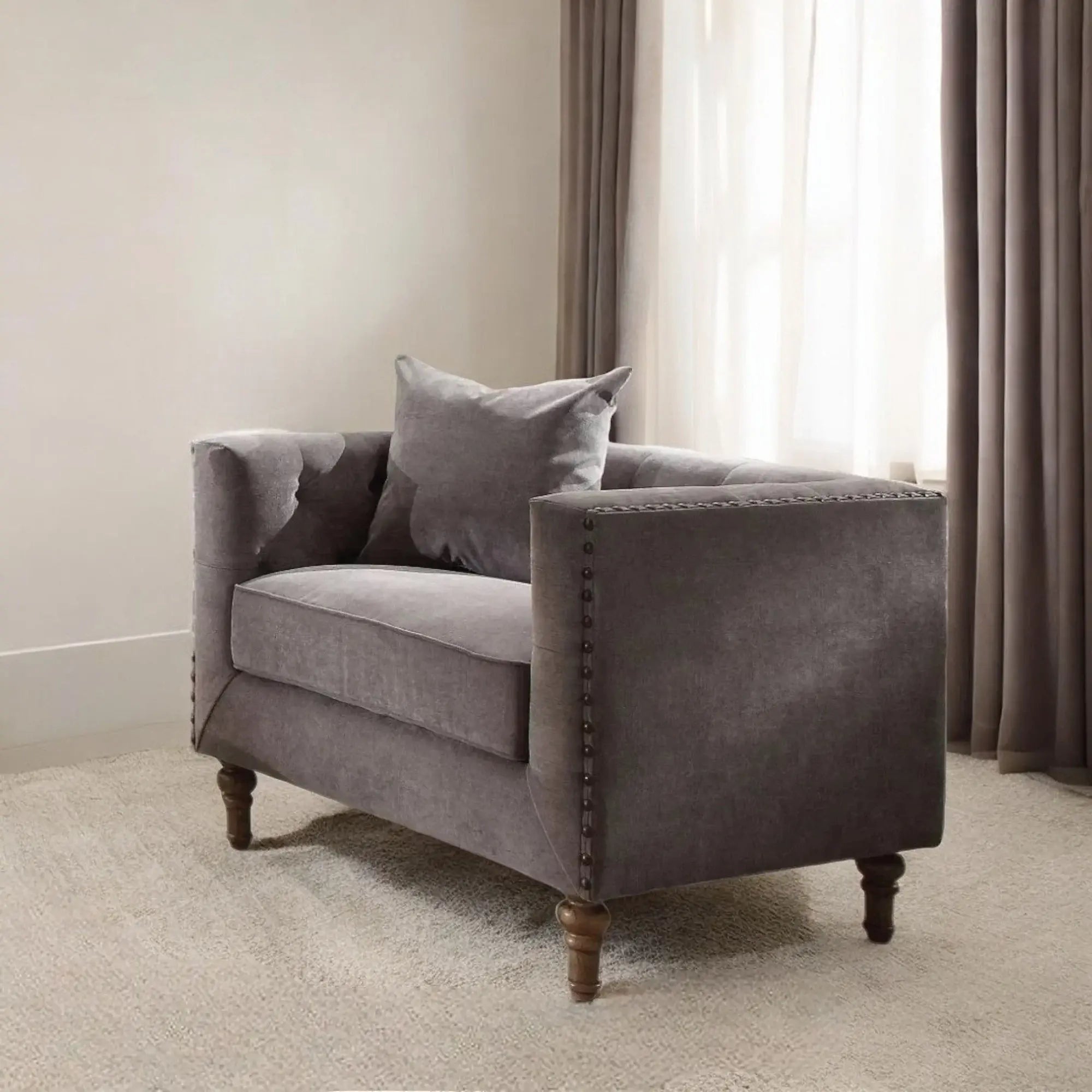 41" Gray And Brown Velvet Tufted Arm Chair And Toss Pillow - Homeroots - Flyclothing LLC