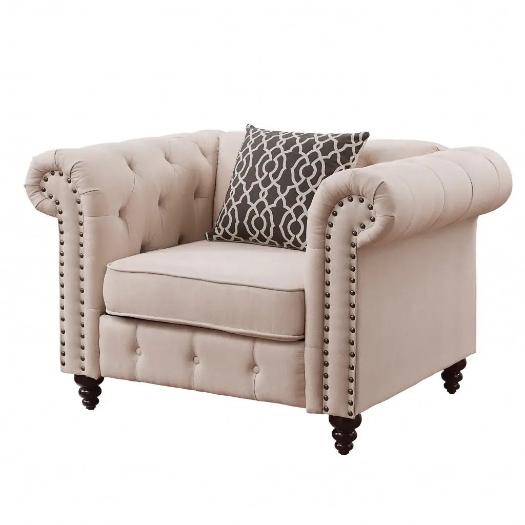 45" Beige Linen And Black Tufted Chesterfield Chair - Homeroots - Flyclothing LLC