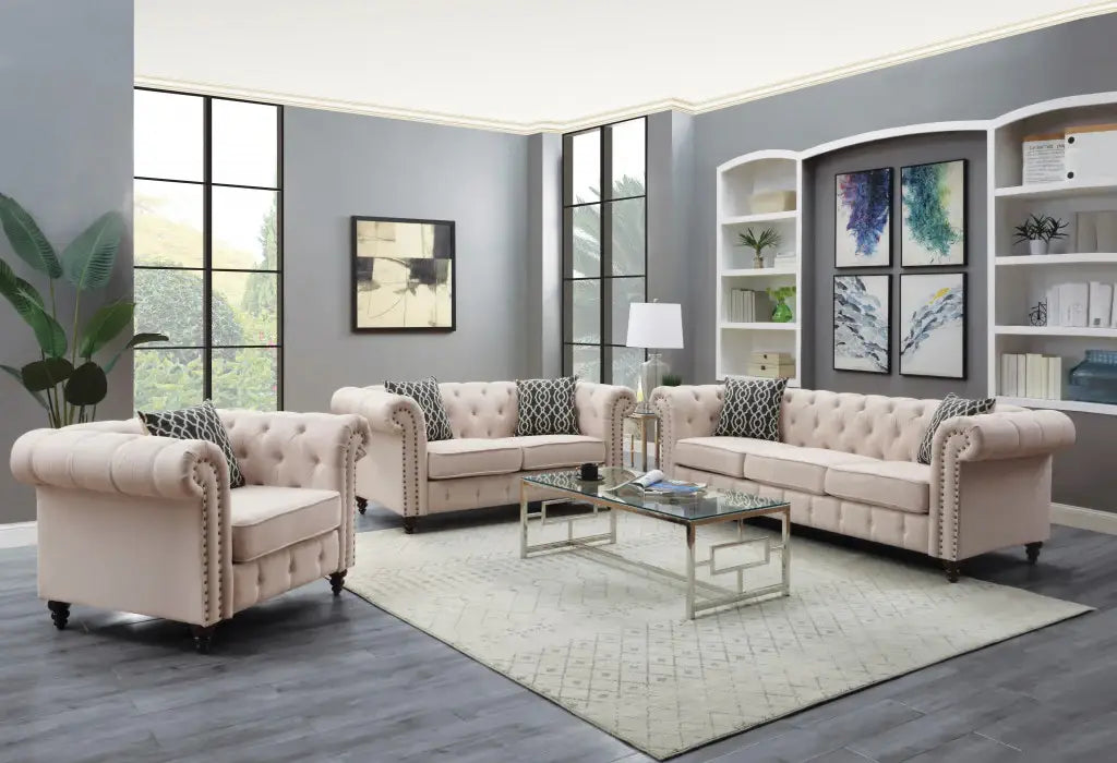 45" Beige Linen And Black Tufted Chesterfield Chair - Homeroots - Flyclothing LLC