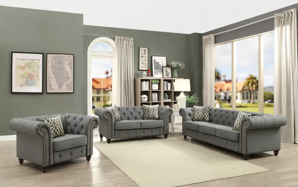 45" Brown Linen And Black Tufted Chesterfield Chair - Homeroots - Flyclothing LLC