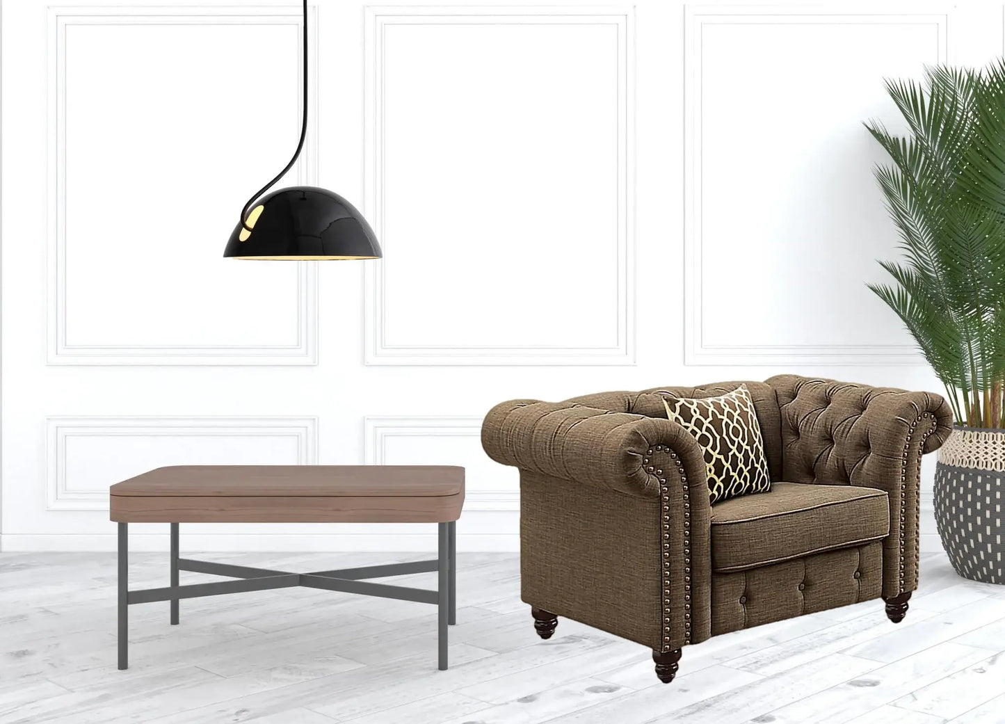 45" Brown Linen And Black Tufted Chesterfield Chair - Homeroots - Flyclothing LLC
