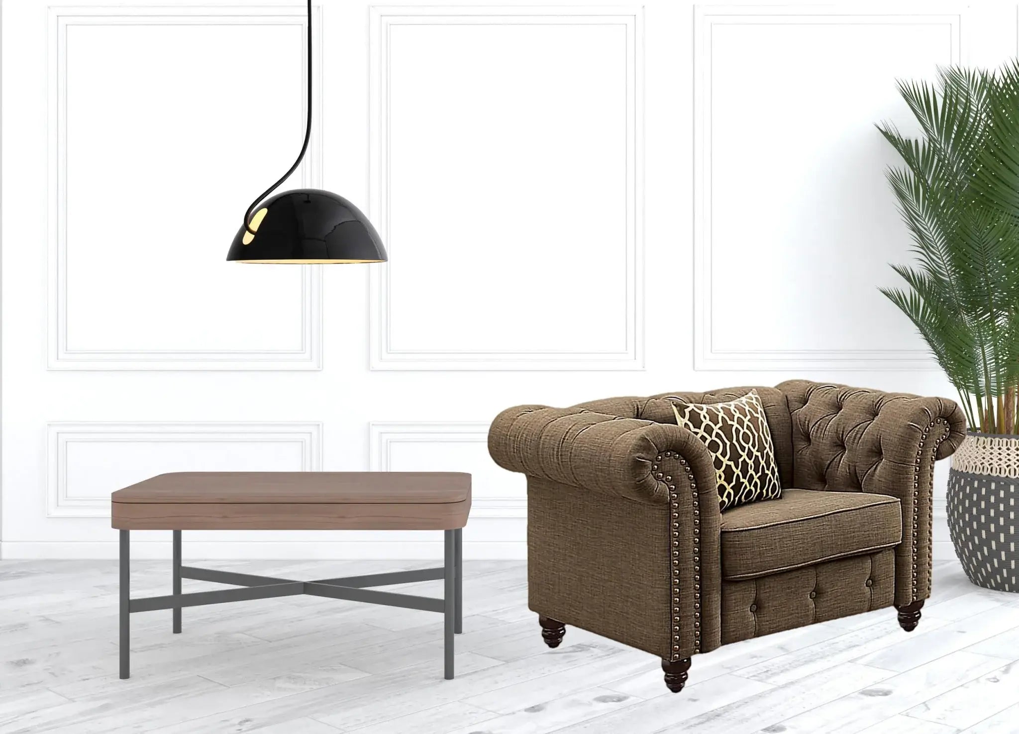 45" Brown Linen And Black Tufted Chesterfield Chair - Homeroots - Flyclothing LLC