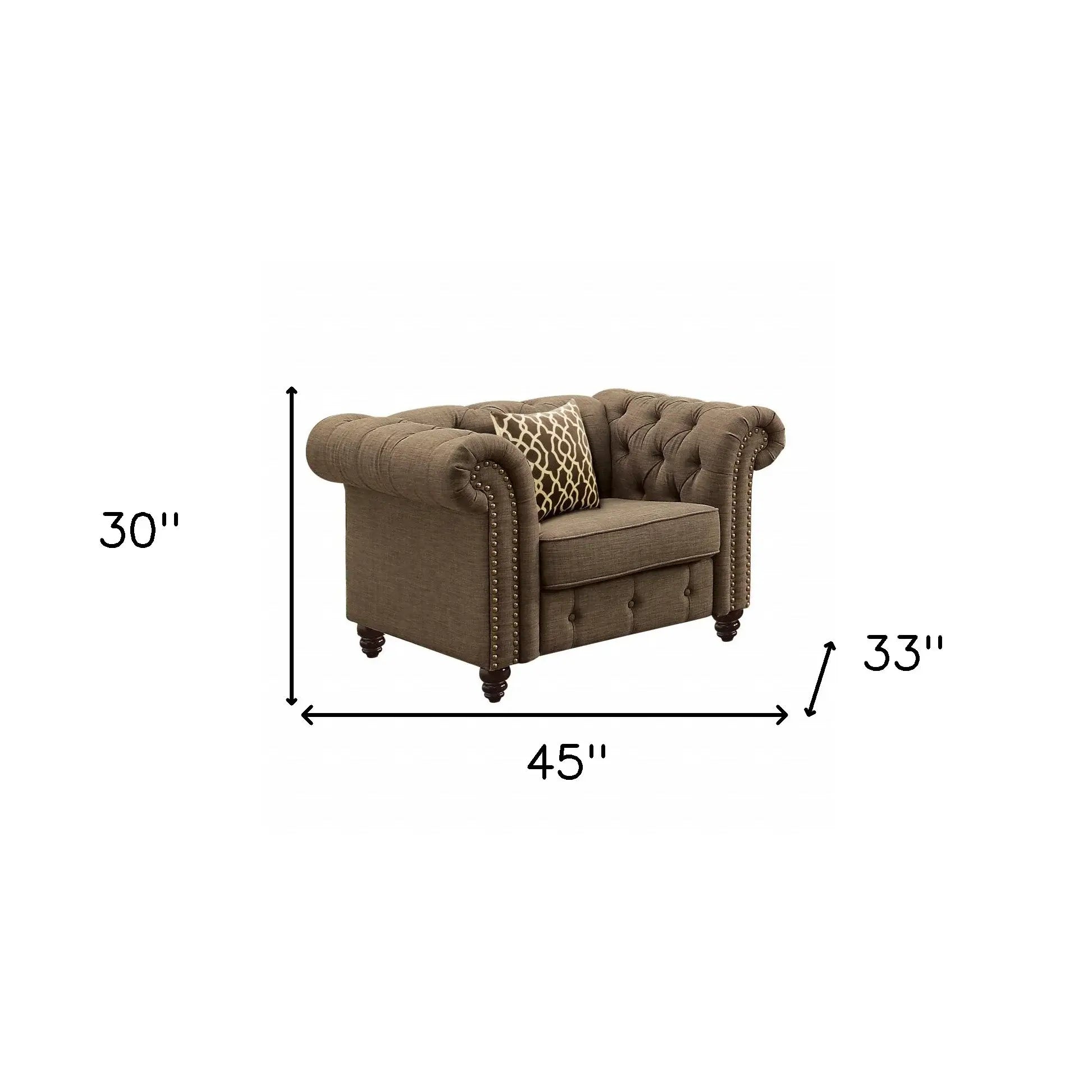45" Brown Linen And Black Tufted Chesterfield Chair - Homeroots - Flyclothing LLC