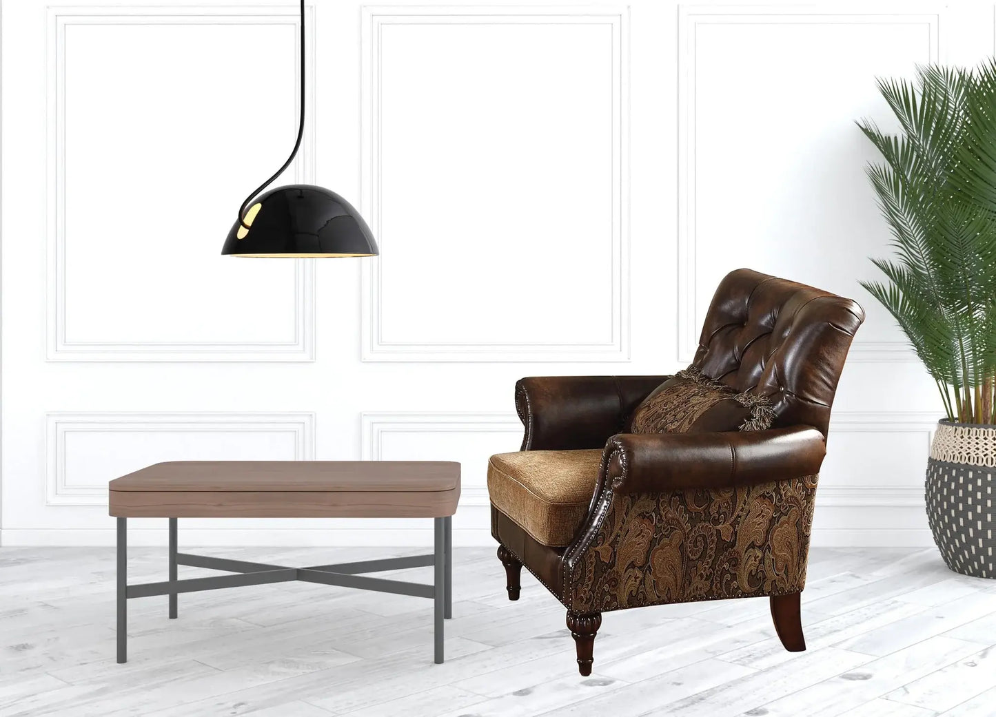 38" Brown And Black Faux Leather Floral Tufted Arm Chair - Homeroots - Flyclothing LLC