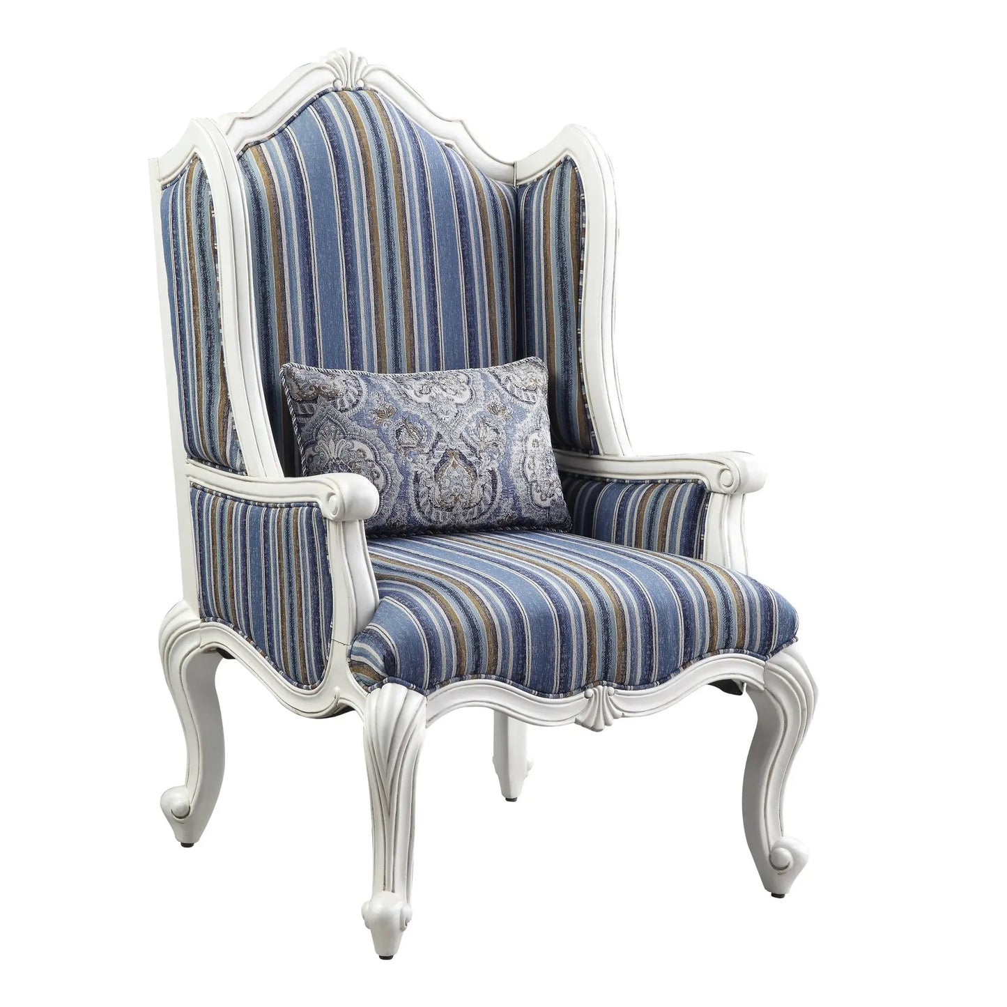 31" Blue White And Brown Fabric And White Striped Wingback Chair - Homeroots - Flyclothing LLC