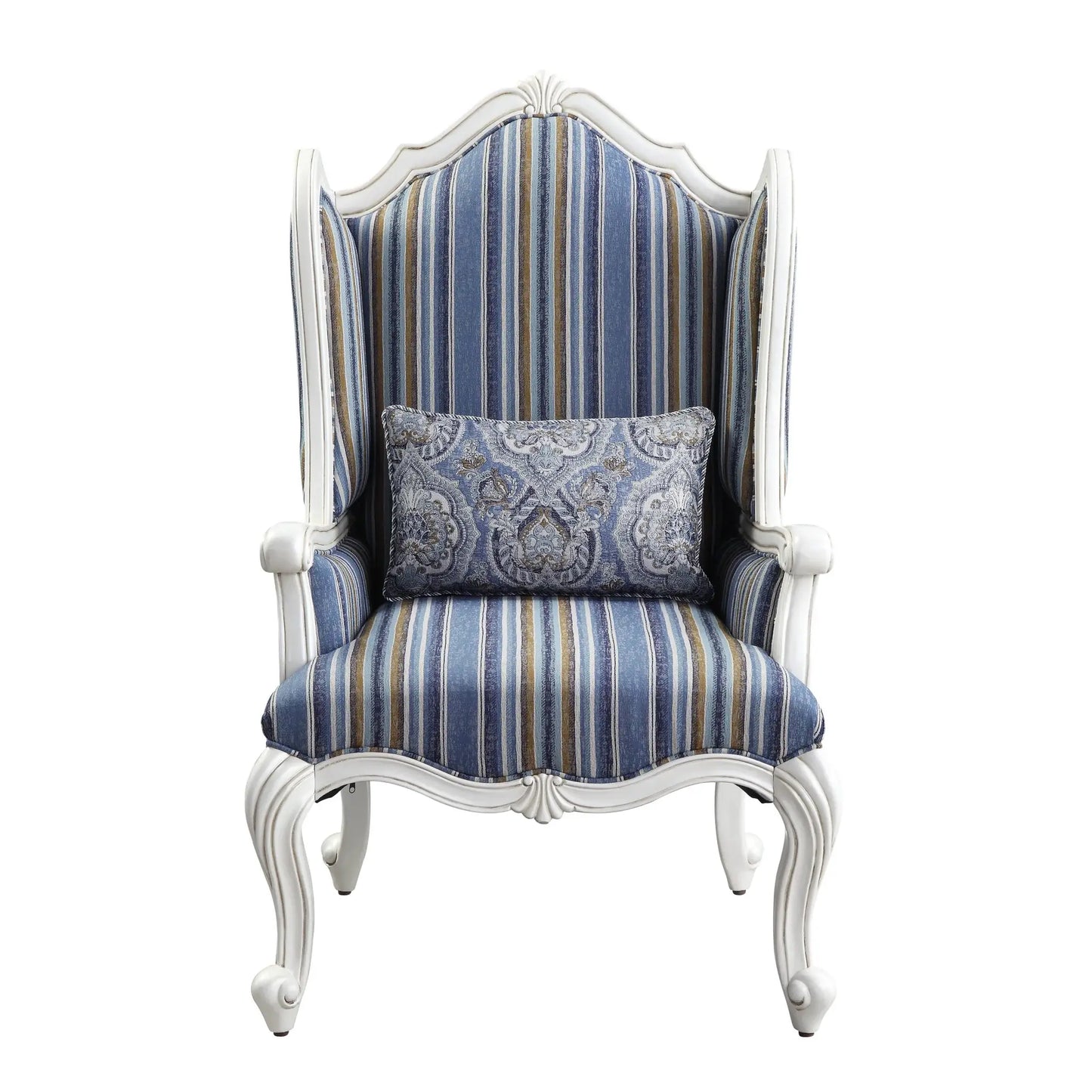 31" Blue White And Brown Fabric And White Striped Wingback Chair - Homeroots - Flyclothing LLC