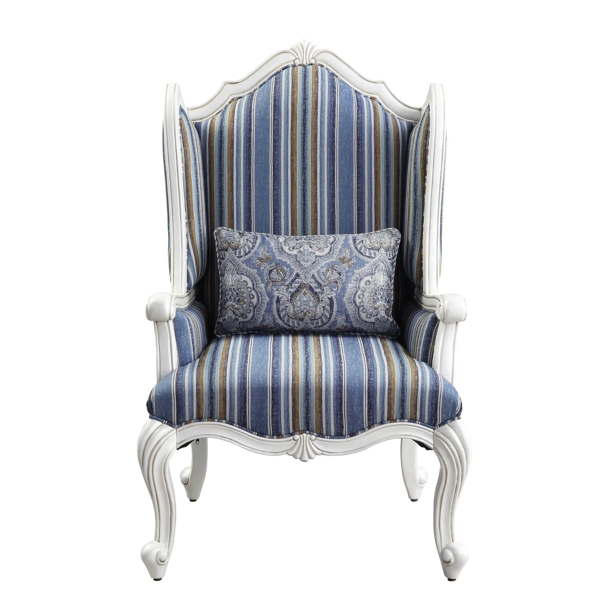 31" Blue White And Brown Fabric And White Striped Wingback Chair - Homeroots - Flyclothing LLC