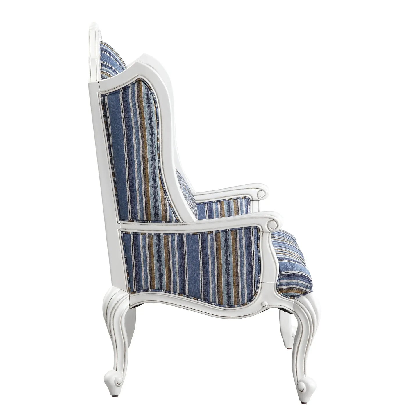 31" Blue White And Brown Fabric And White Striped Wingback Chair - Homeroots - Flyclothing LLC