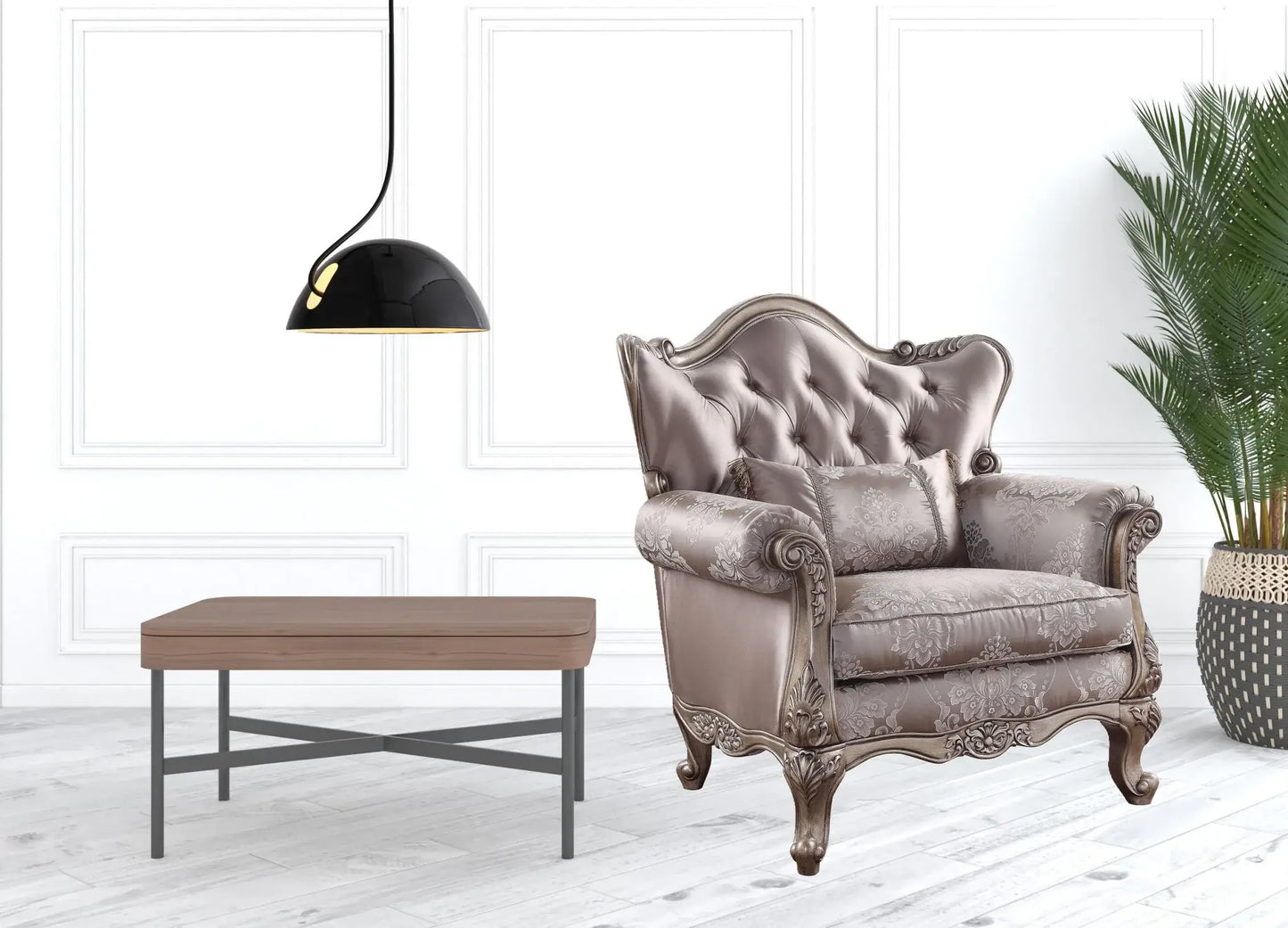 45" Champagne Fabric Floral Tufted Arm Chair - Homeroots - Flyclothing LLC