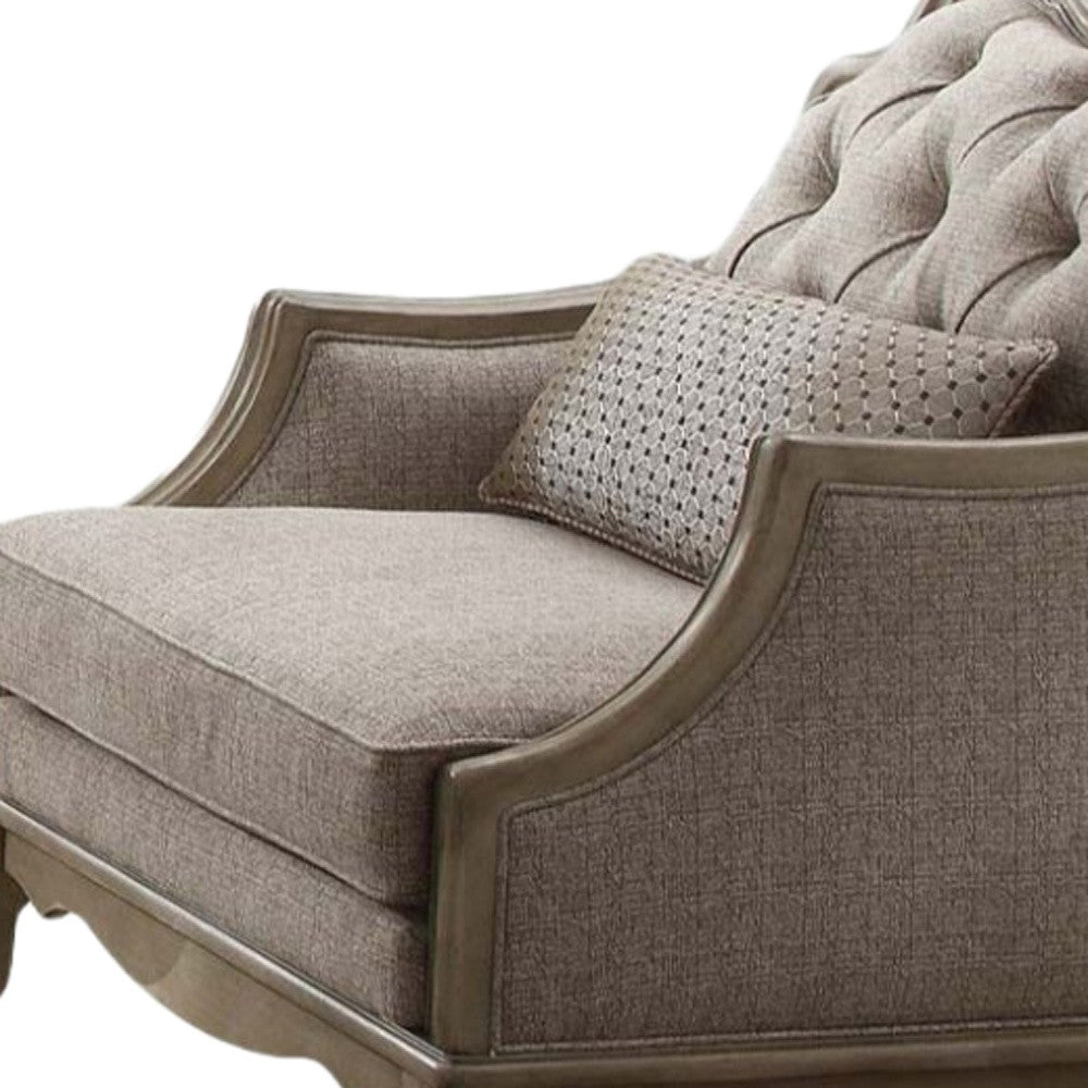 38" Beige and Taupe Fabric Tufted Chair and a Half And Toss Pillow
