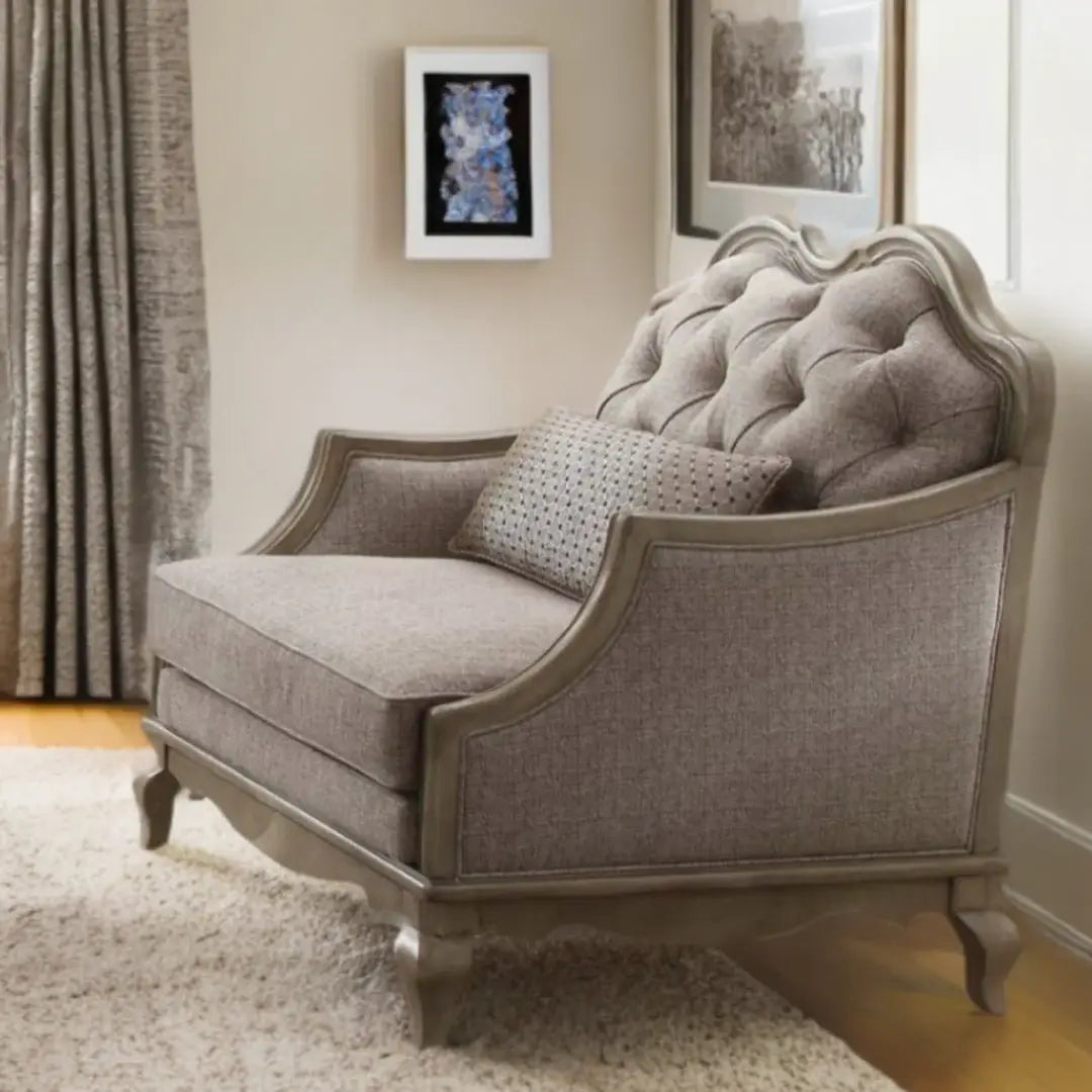 38" Beige And Taupe Fabric Tufted Chair and a Half And Toss Pillow - Homeroots - Flyclothing LLC