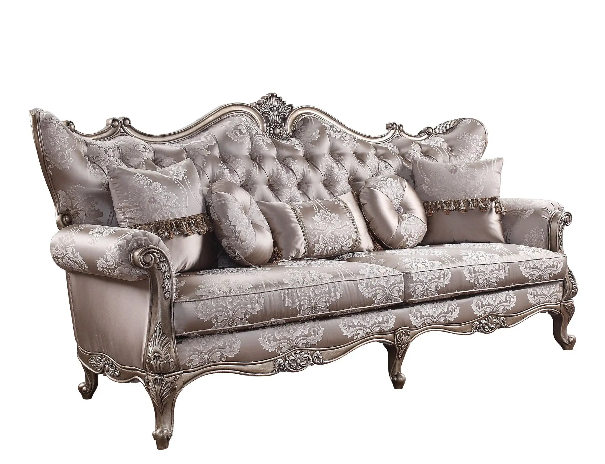 94" Dark Gray Imitation Silk Damask Sofa And Toss Pillows With Champagne Legs - Homeroots - Flyclothing LLC
