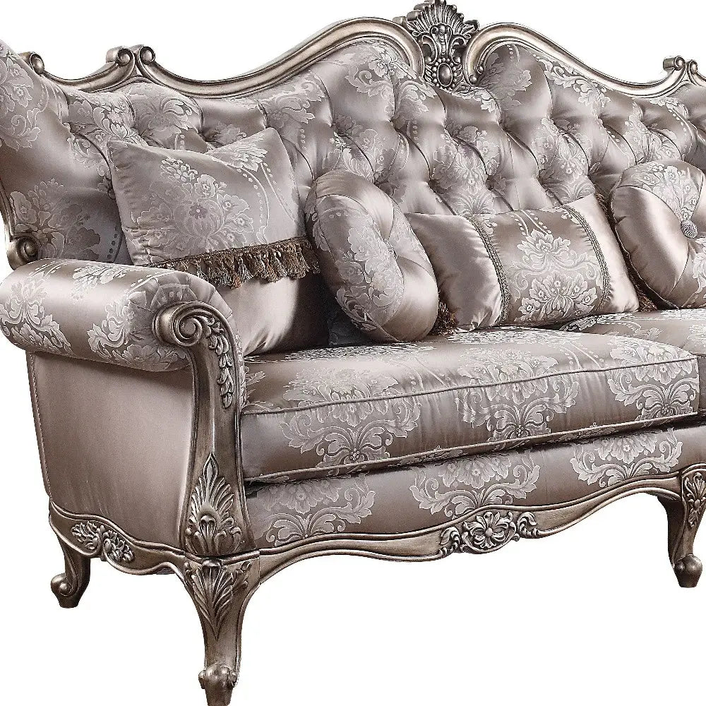 94" Dark Gray Imitation Silk Damask Sofa And Toss Pillows With Champagne Legs - Homeroots - Flyclothing LLC