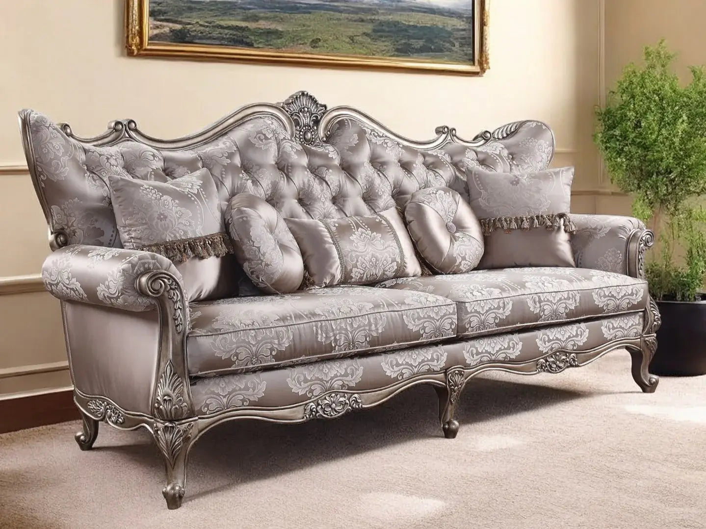 94" Dark Gray Imitation Silk Damask Sofa And Toss Pillows With Champagne Legs - Homeroots - Flyclothing LLC