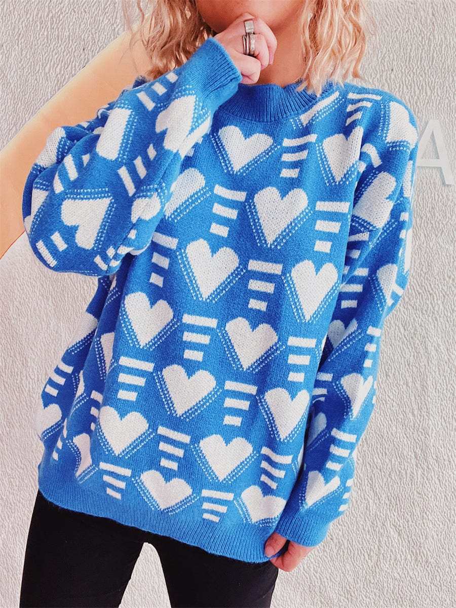 Heart Contrast Long Sleeve Dropped Shoulder Sweater - Trendsi - Flyclothing LLC