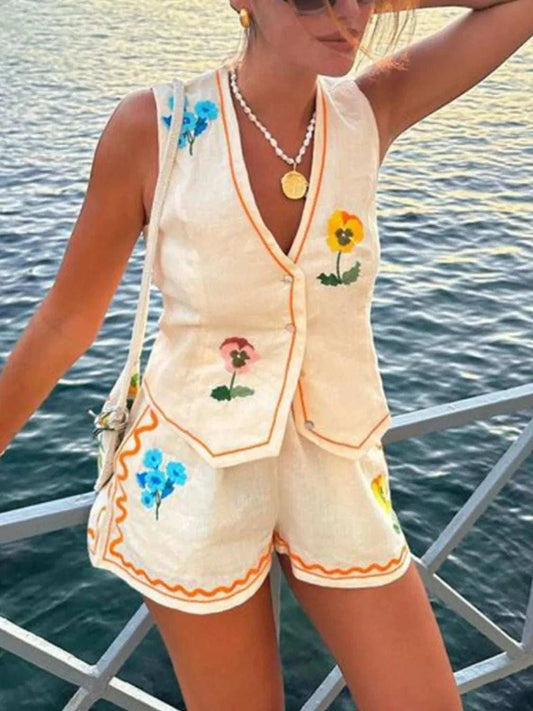 Embroidered V-Neck Vest and Shorts Set - Trendsi - Flyclothing LLC
