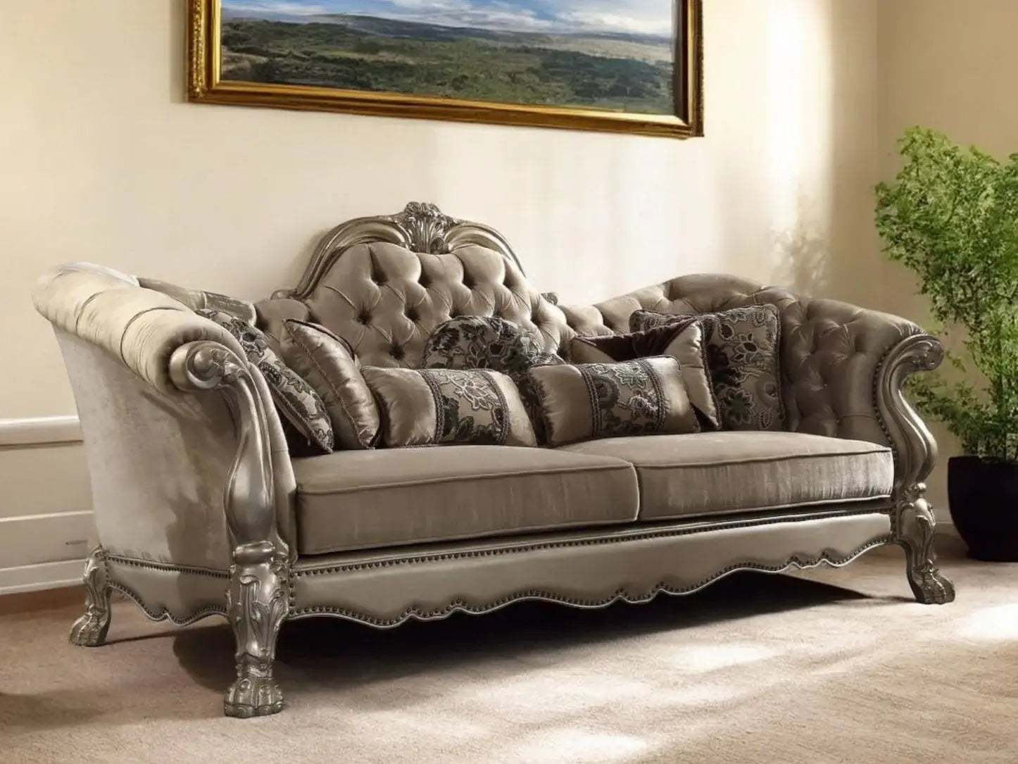 96" Bone Velvet Sofa And Toss Pillows With Gold Legs - Homeroots - Flyclothing LLC