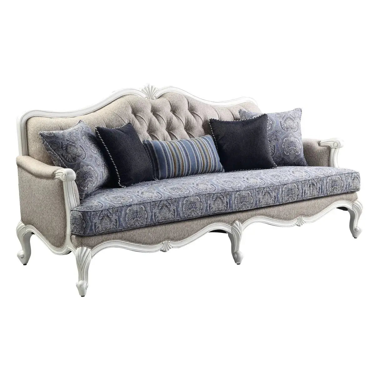 88" Cream Linen Damask Sofa And Toss Pillows With White Legs - Homeroots - Flyclothing LLC