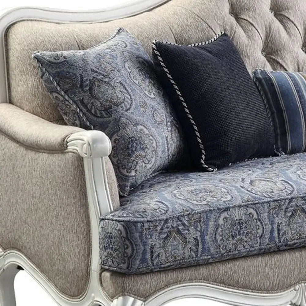88" Cream Linen Damask Sofa And Toss Pillows With White Legs - Homeroots - Flyclothing LLC
