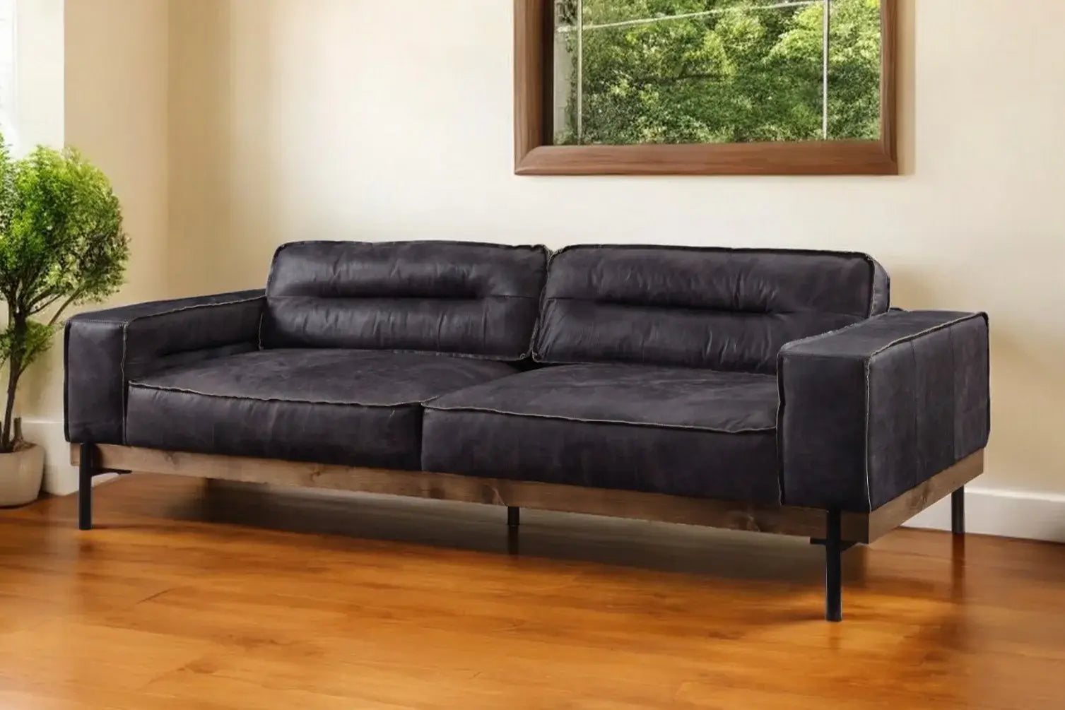 96" Ebony Top Grain Leather Sofa With Black Legs - Homeroots - Flyclothing LLC