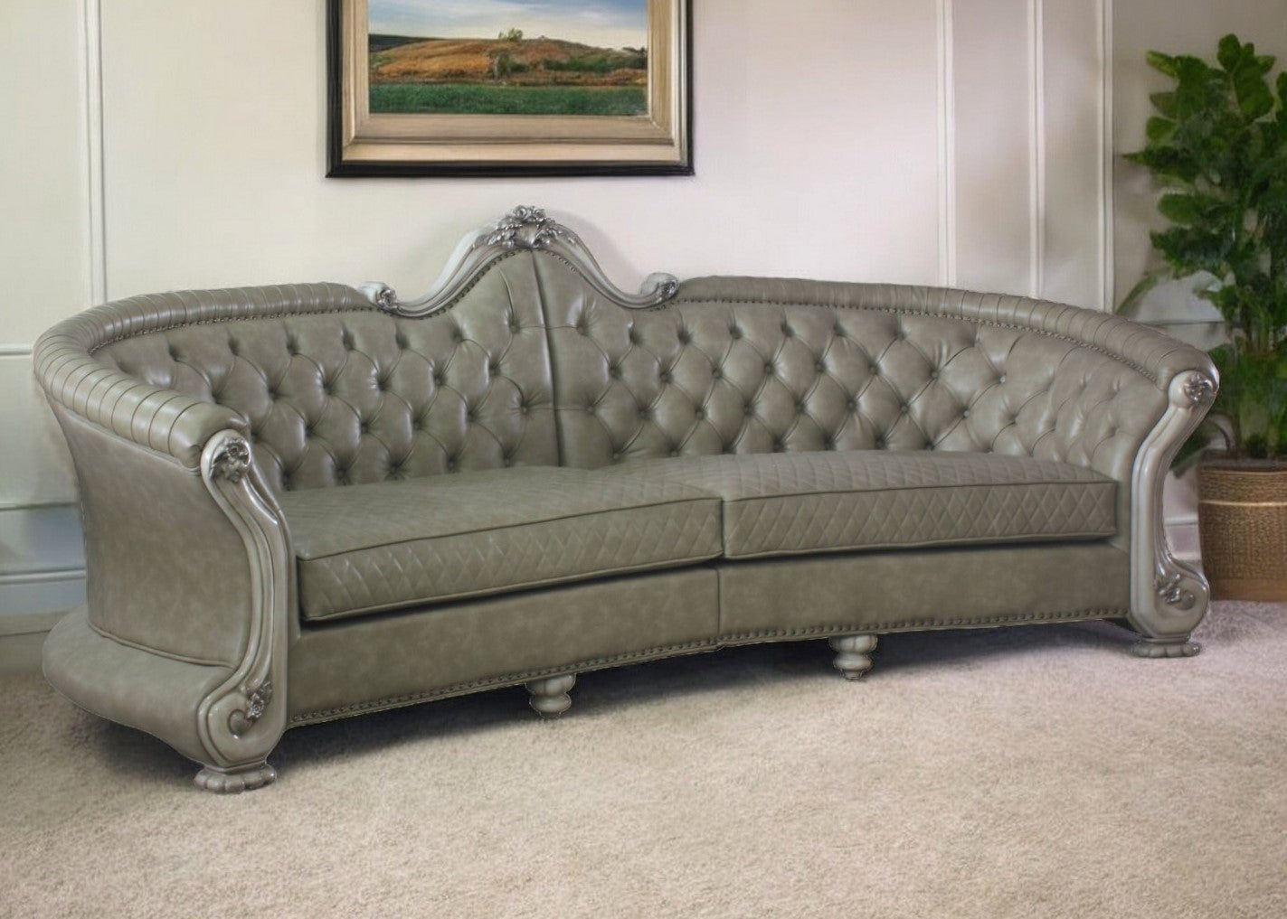 113" Bone Faux Leather Sofa And Toss Pillows With White Legs - Homeroots - Flyclothing LLC