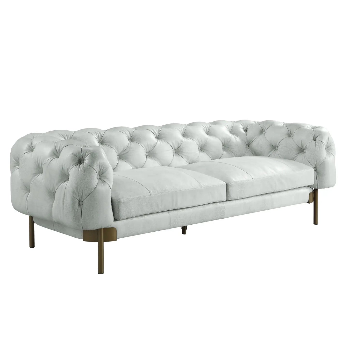 96" Light Slate Gray Top Grain Leather Sofa With Gold Legs - Homeroots - Flyclothing LLC