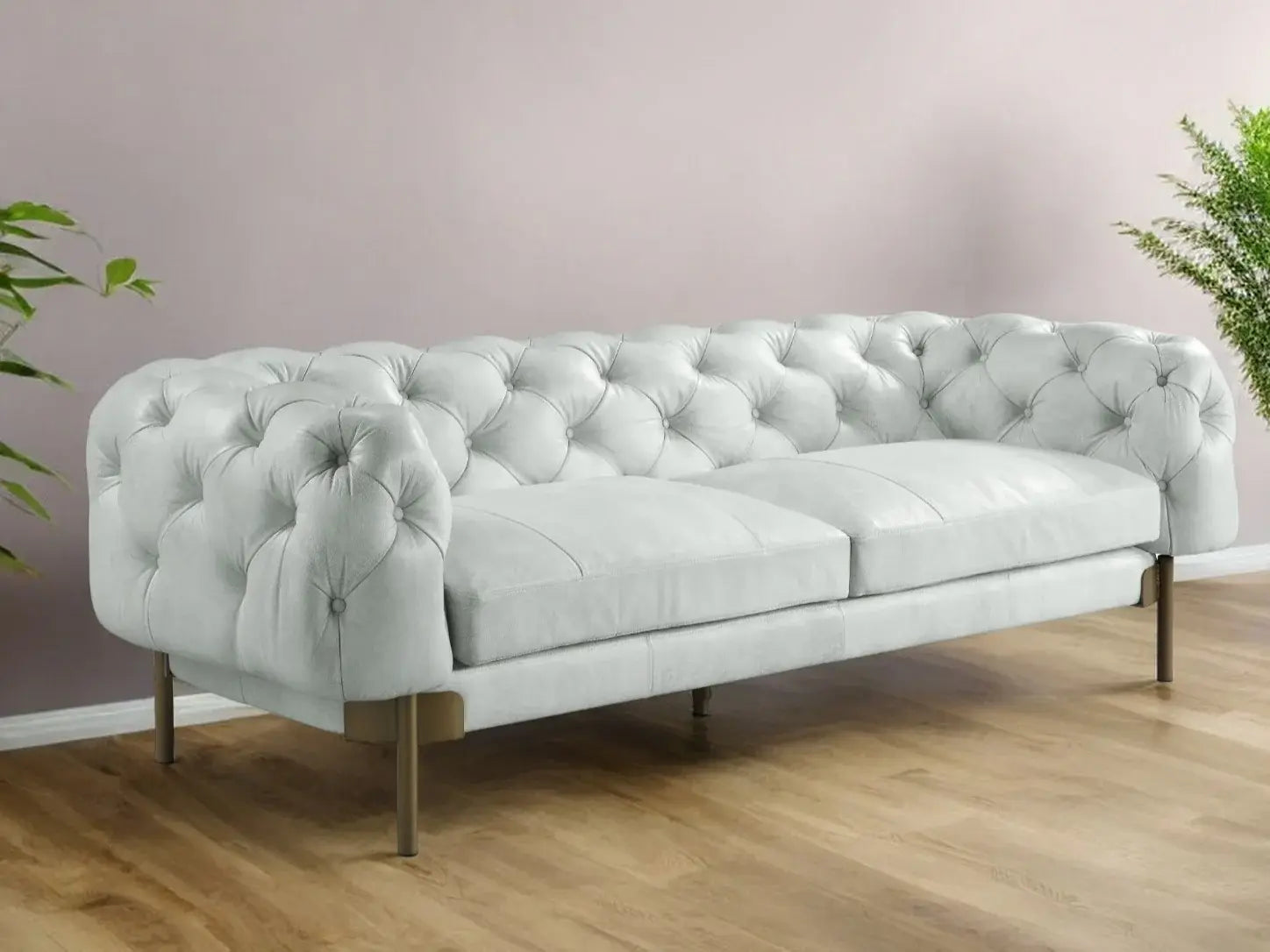 96" Light Slate Gray Top Grain Leather Sofa With Gold Legs - Homeroots - Flyclothing LLC
