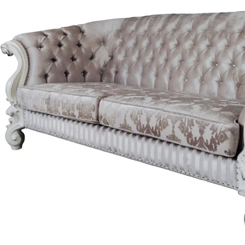 99" Ivory Velvet Damask Sofa And Toss Pillows With Bone Legs - Homeroots - Flyclothing LLC