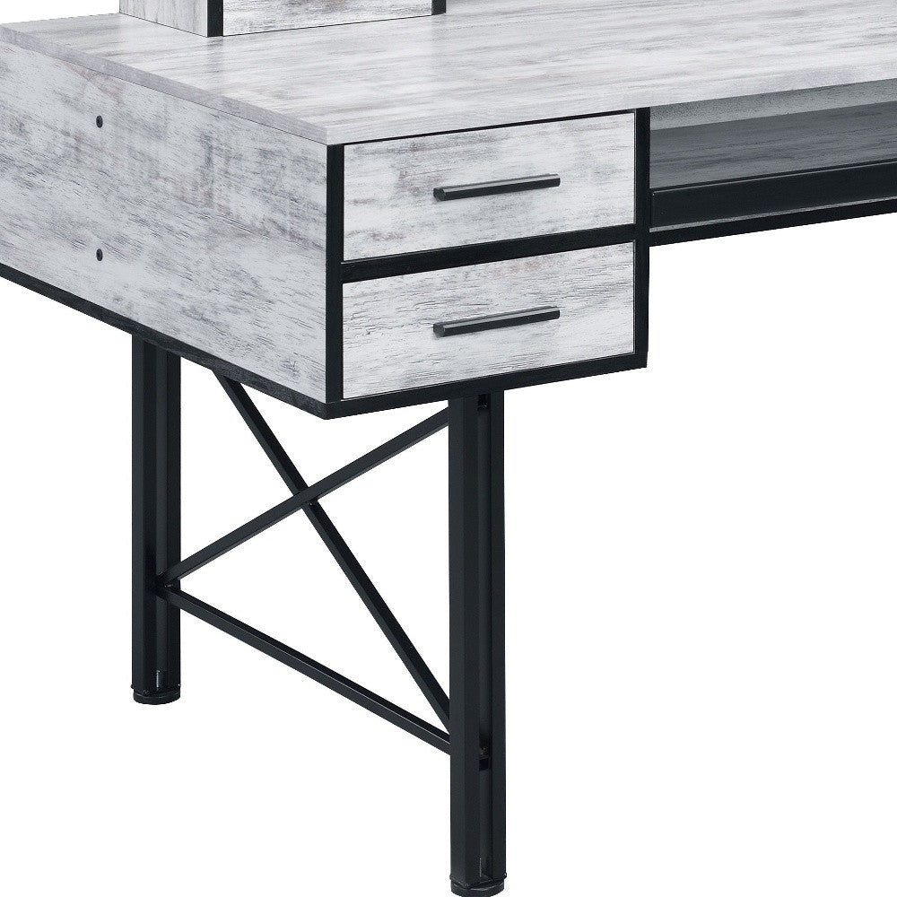 59" Antiqued White and Black Computer Desk With Five Drawers - Homeroots - Flyclothing LLC