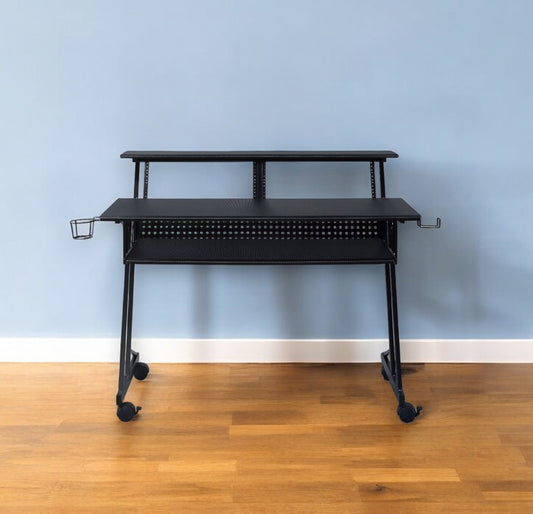 47" Black Wood and Metal Rolling Computer Desk