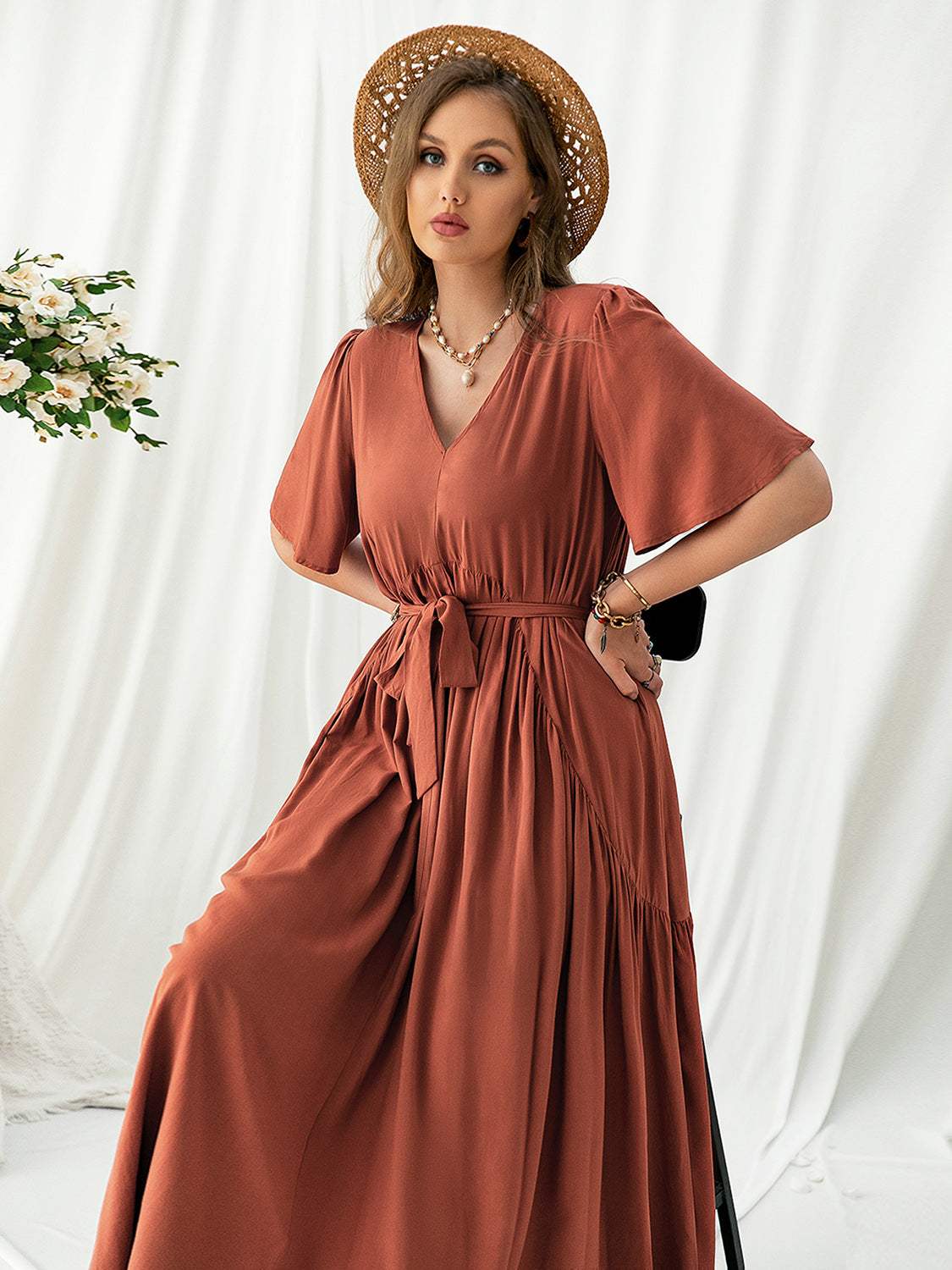 Plus Size V-Neck Flutter Sleeve Midi Dress - Trendsi - Flyclothing LLC