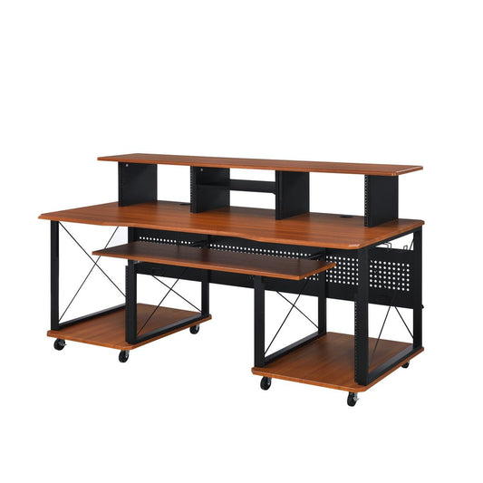 72" Brown and Black Wood and Metal Rolling Computer Desk