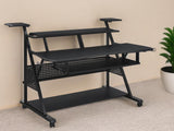 67" Black Wood and Metal Rolling Computer Desk