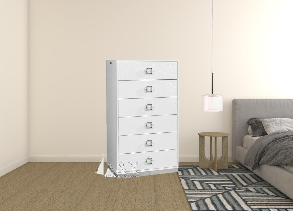 32" White Manufactured Wood + Solid Wood Stainless Steel Six Drawer Chest - Homeroots - Flyclothing LLC
