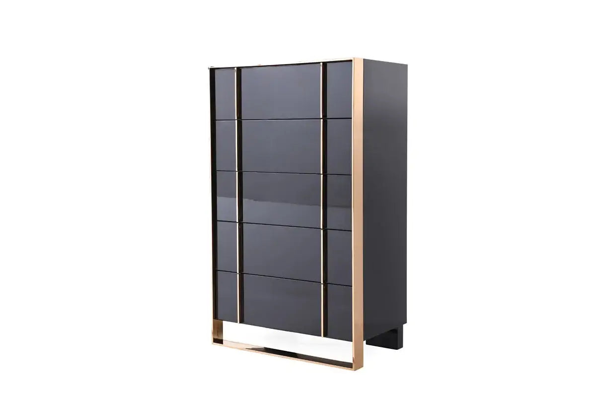 33" Black Gold Manufactured Wood + Solid Wood Stainless Steel Five Drawer Chest - Homeroots - Flyclothing LLC