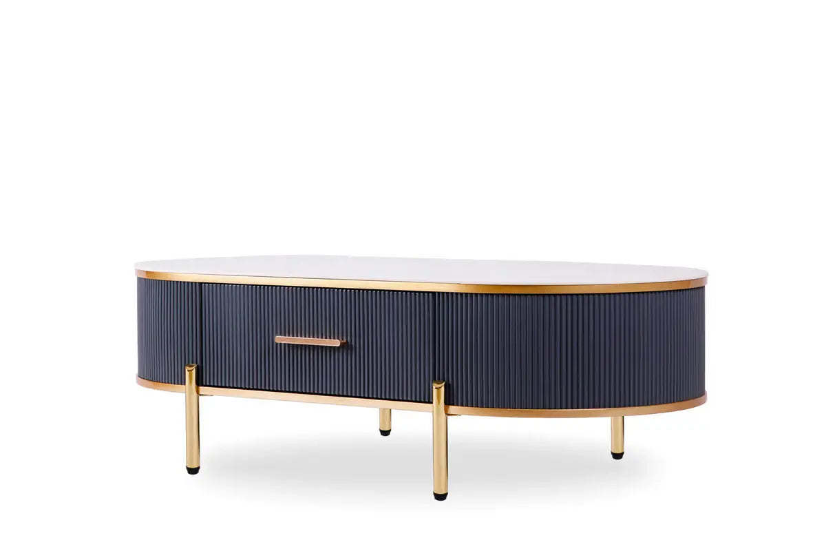 47" White And Gold Stone And Stainless Steel Oval Coffee Table With Drawer - Homeroots - Flyclothing LLC