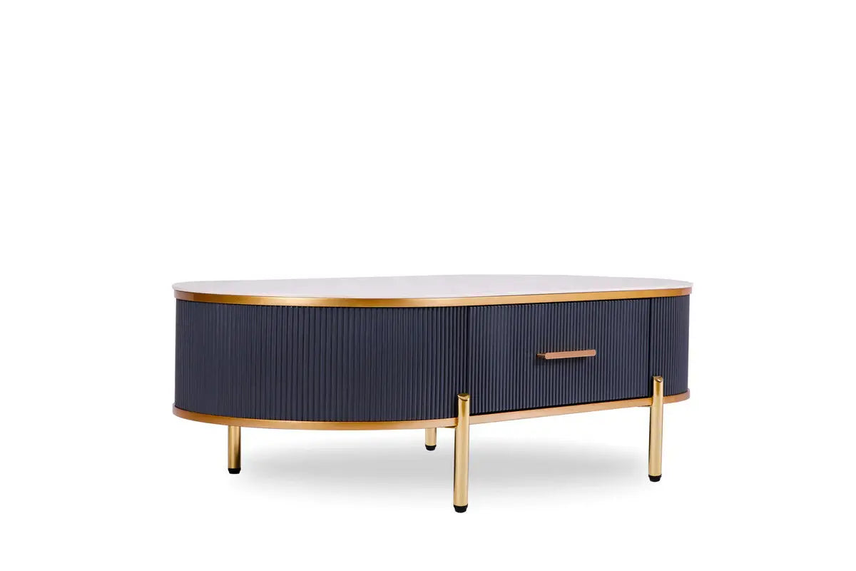 47" White And Gold Stone And Stainless Steel Oval Coffee Table With Drawer - Homeroots - Flyclothing LLC