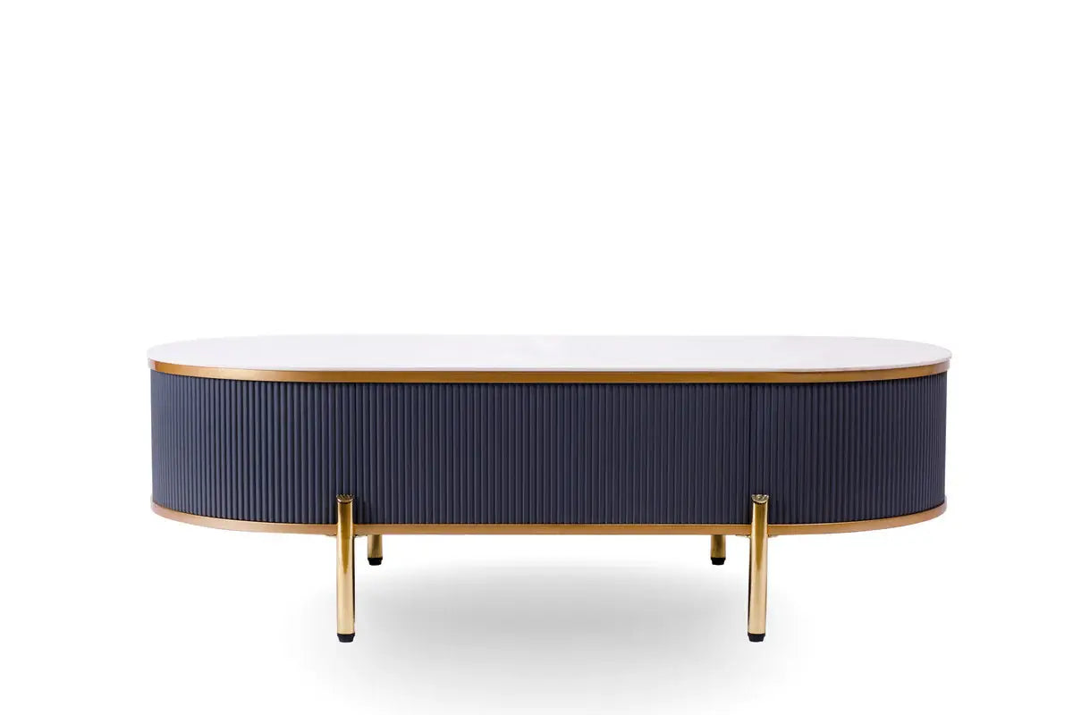 47" White And Gold Stone And Stainless Steel Oval Coffee Table With Drawer - Homeroots - Flyclothing LLC