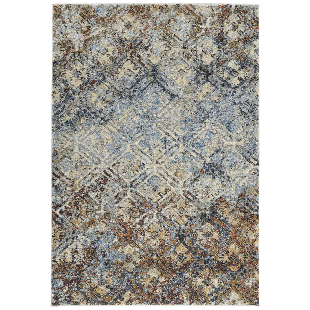 5' X 8' Brown Light Blue And Gray Distressed Diamond Area Rug - Homeroots