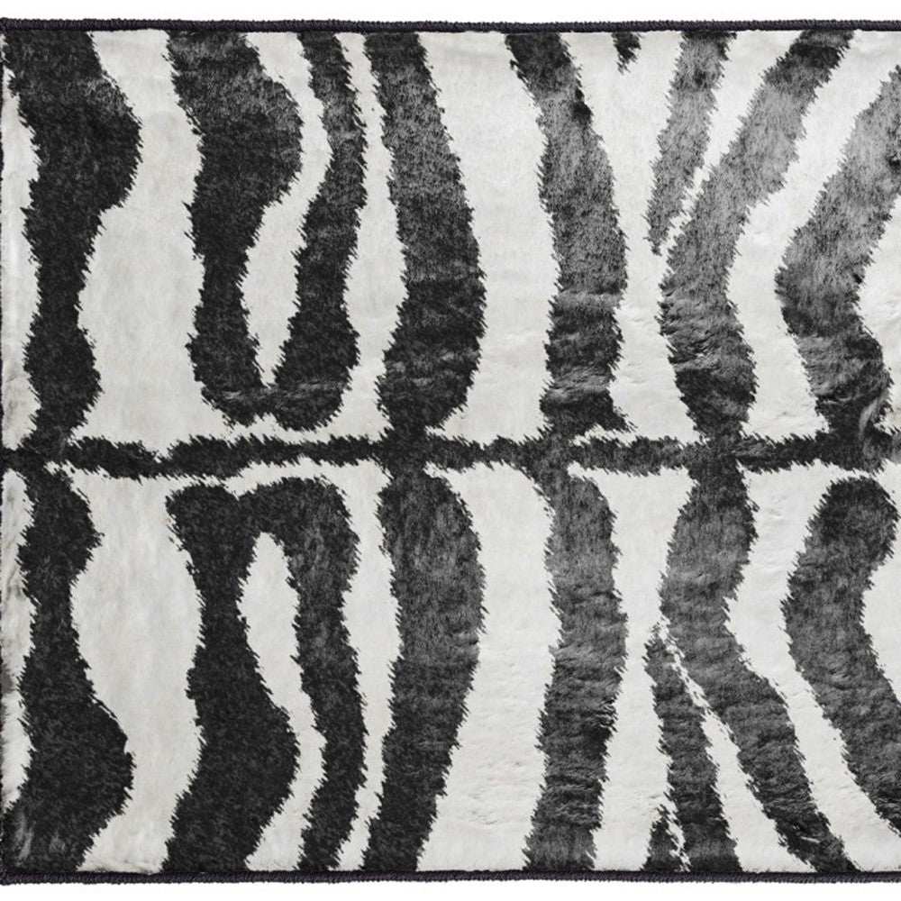 2' X 3' Black and White Zebra Print Shag Handmade Non Skid Area Rug - Homeroots - Flyclothing LLC