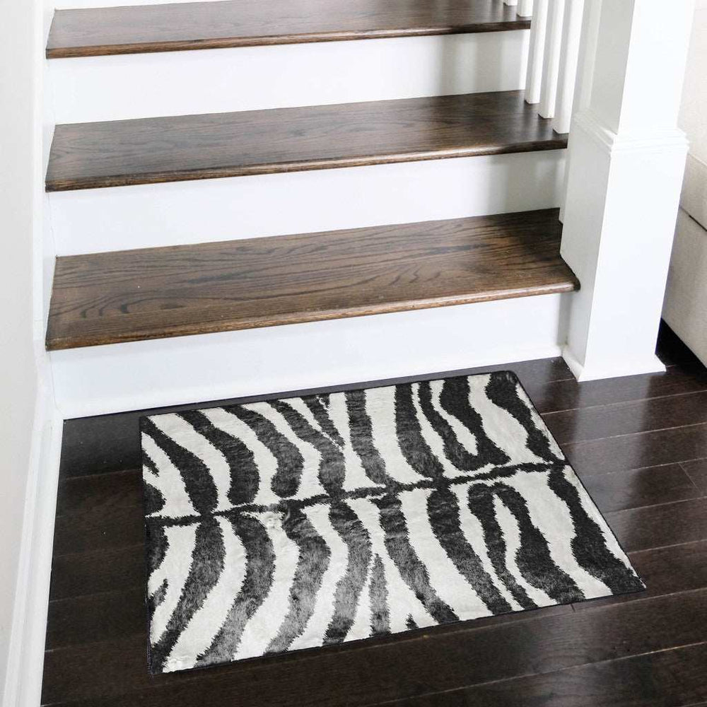 2' X 3' Black and White Zebra Print Shag Handmade Non Skid Area Rug - Homeroots - Flyclothing LLC