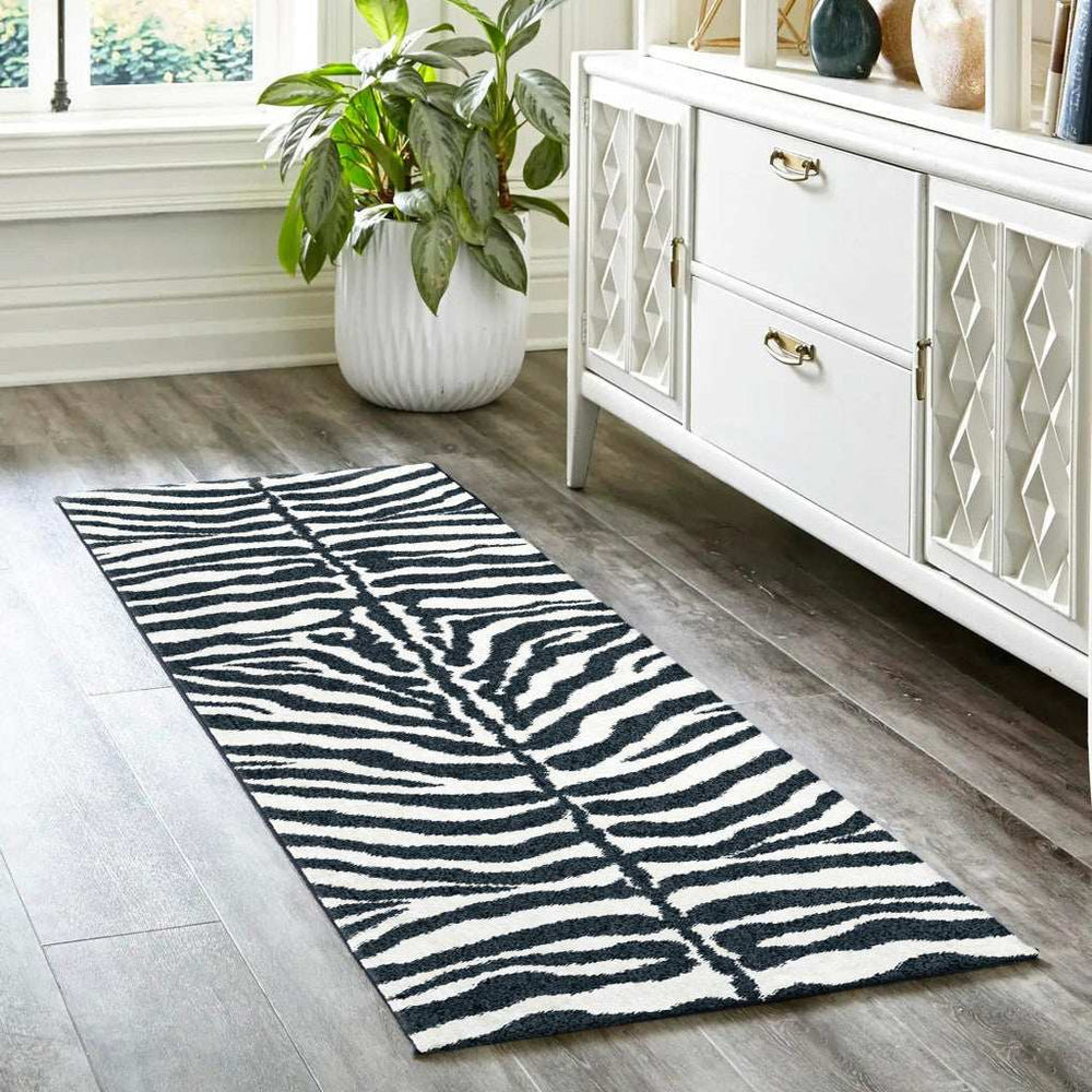 3' X 8' Black and White Zebra Print Shag Handmade Non Skid Runner Rug - Homeroots - Flyclothing LLC