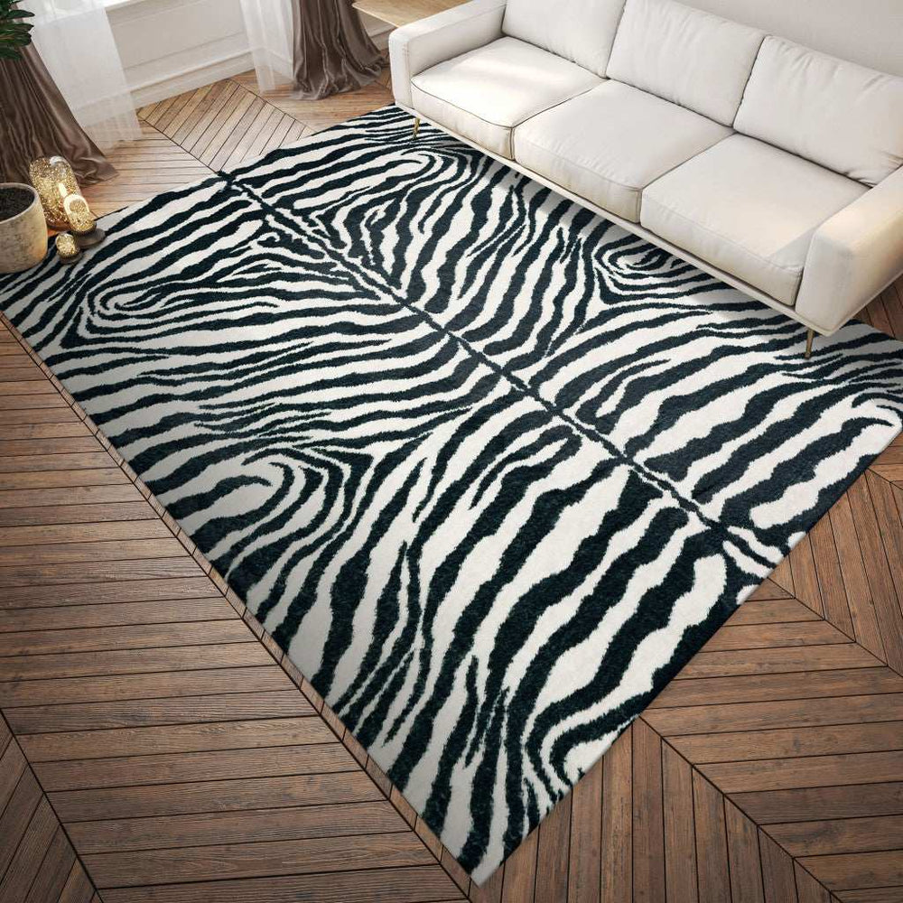3' X 5' Black and White Zebra Print Shag Handmade Non Skid Area Rug - Homeroots - Flyclothing LLC