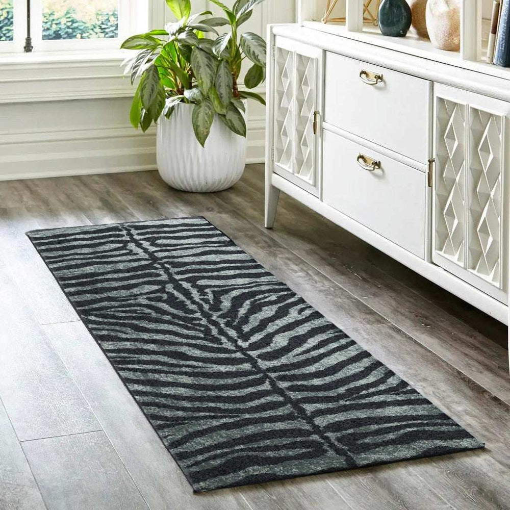 2' X 8' Black and Gray Zebra Print Shag Handmade Non Skid Runner Rug - Homeroots - Flyclothing LLC