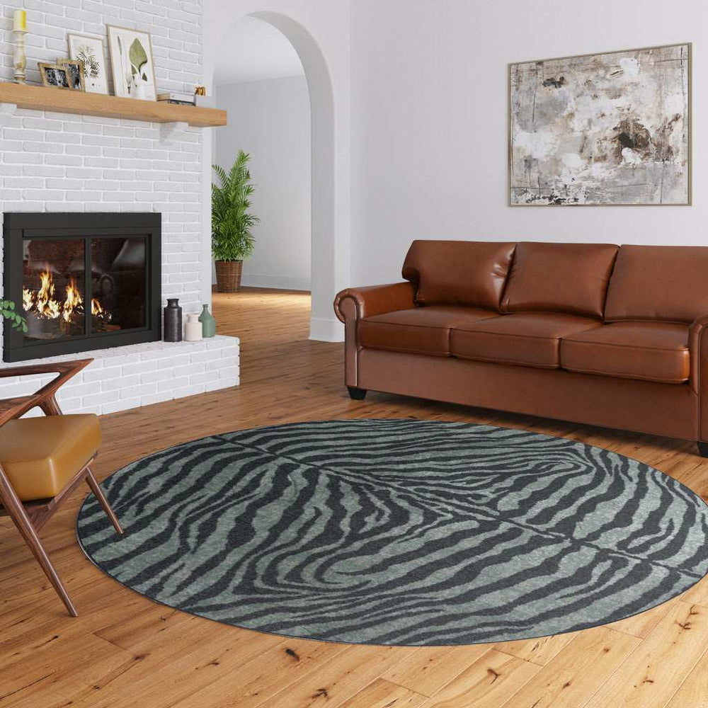 8' X 8' Black and Gray Round Zebra Print Shag Handmade Non Skid Area Rug - Homeroots - Flyclothing LLC