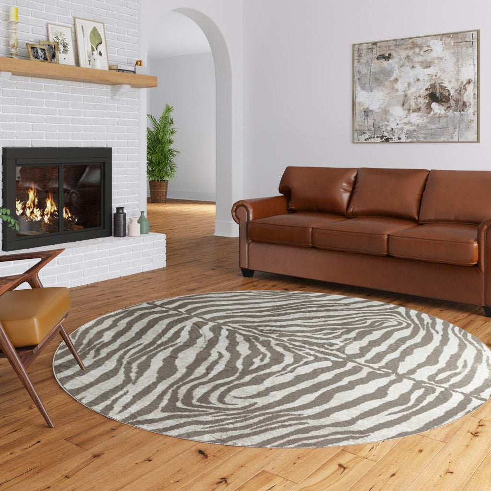 8' X 8' Mocha and Cream Round Zebra Print Shag Handmade Non Skid Area Rug - Homeroots - Flyclothing LLC