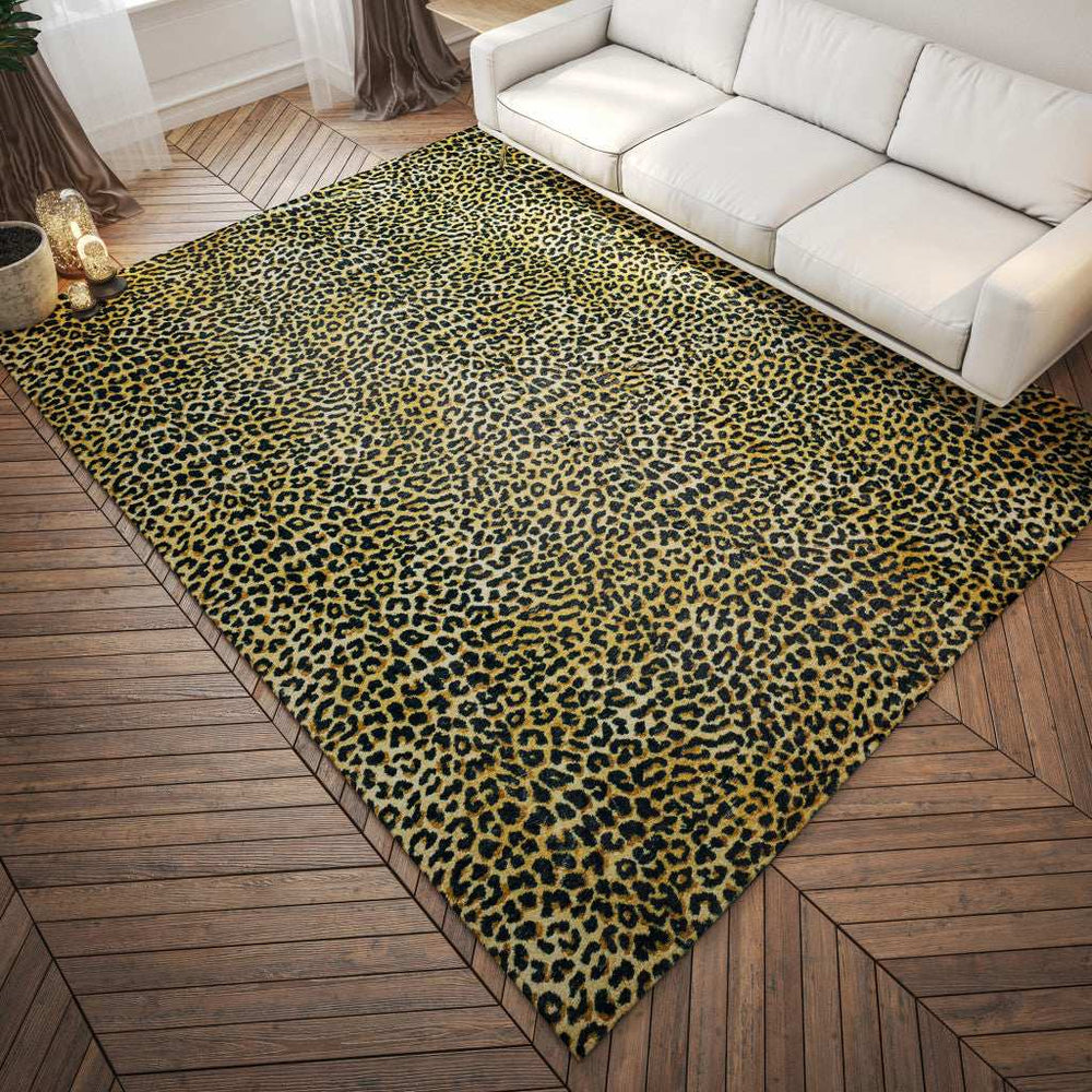 3' X 5' Black and Gold Leopard Print Shag Handmade Non Skid Area Rug - Homeroots - Flyclothing LLC