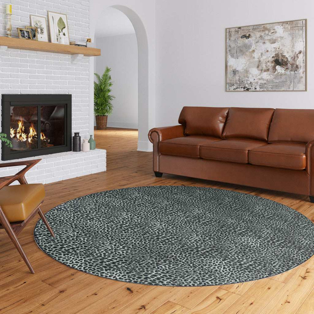 8' X 8' Black and Gray Leopard Round Shag Handmade Non Skid Area Rug - Homeroots - Flyclothing LLC
