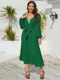 V-Neck Long Sleeve Pleated Dress - Trendsi - Flyclothing LLC